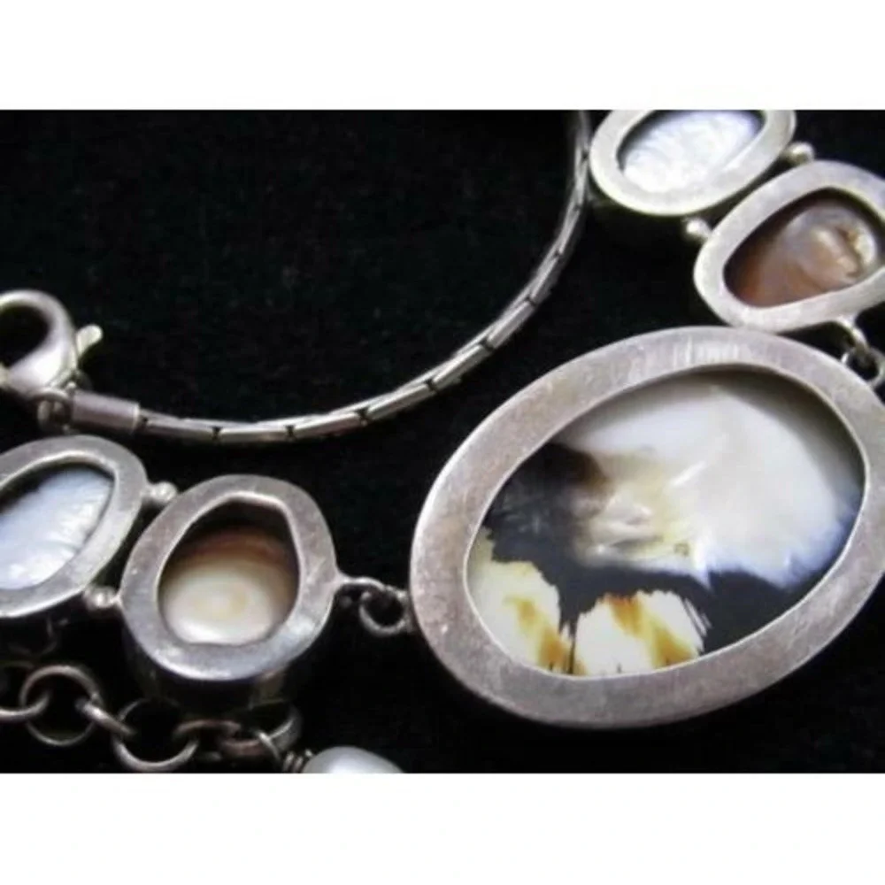 Vintage Stunning Bezel Set Freshwater Pearl Shell Sterling Silver 925 Necklace‎